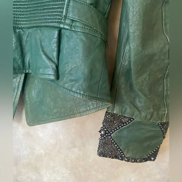 Diesel Distressed Dark Green Leather Premise Beaded Moto Jacket - Picture 14 of 14